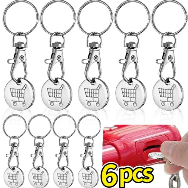 1/6Pcs Stainless Steel Trolley Tokens Keychains Portable Shopping Cart Key Rings Decoration