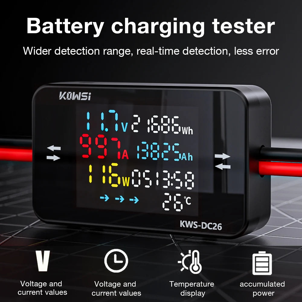 KWS-DC26 Digital Voltmeter Ammeter DC8-80V 0-20/50A Power Energy Meter with Color Screen for EV Battery Charging Detection