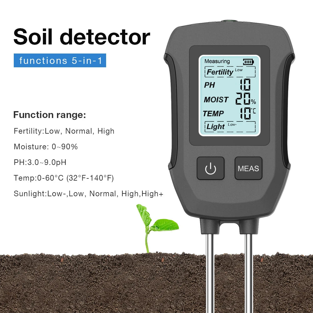 5-in-1 Digital Soil Meter PH Moisture Fertility Temp Sunlight Tester for Garden Greenhouse