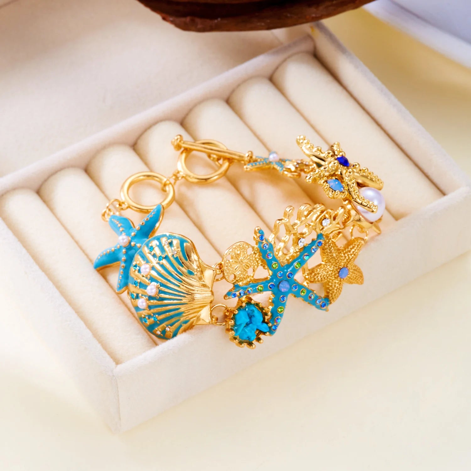CowLost | boho-starfish-shell-coral-pearl-pendant-necklace-for-women-shiny-crystal-zircon-dripping-oil-beach-clavicle-choker-charm-jewelry |6