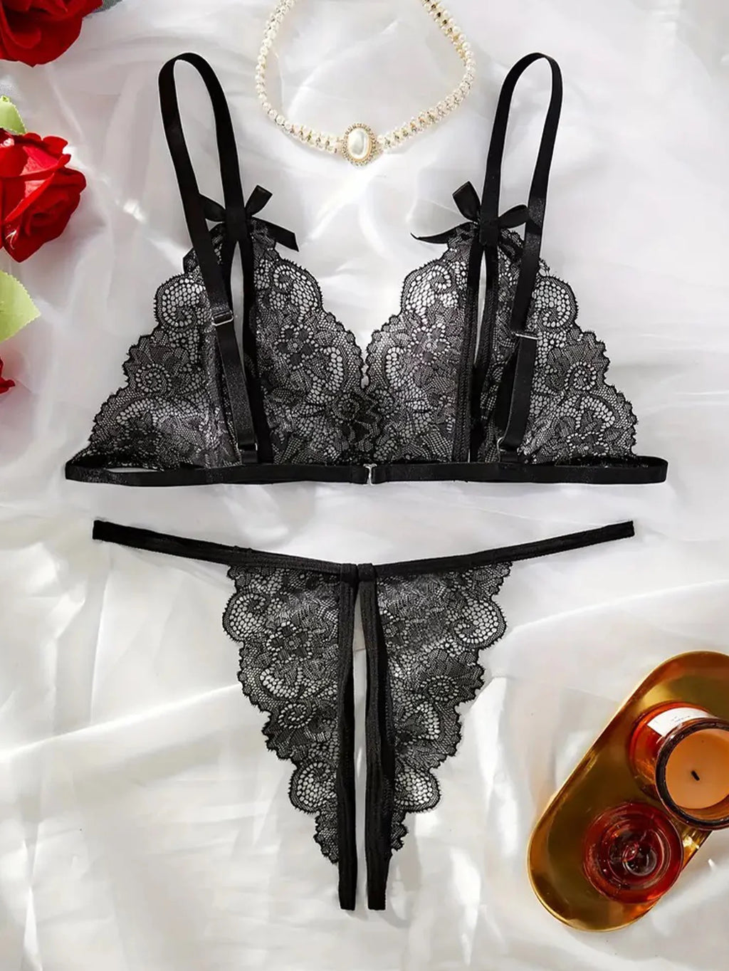 CowLost | floral-lace-sexy-lingerie-bow-open-split-cup-intimates-bra-and-thongs-sets |8