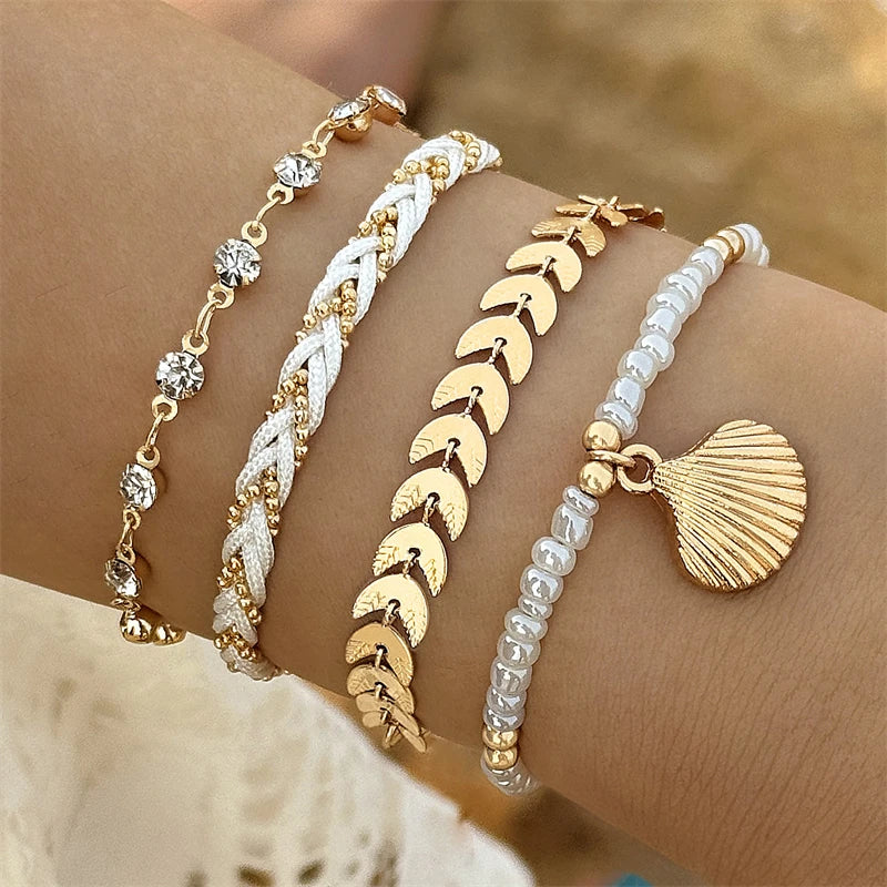 CowLost | 4pcs-set-bohemia-shell-bracelets-for-women-ethnic-style-colorful-zircon-rice-beads-metal-chain-bangles-girl-summer-beach-jewelry |10