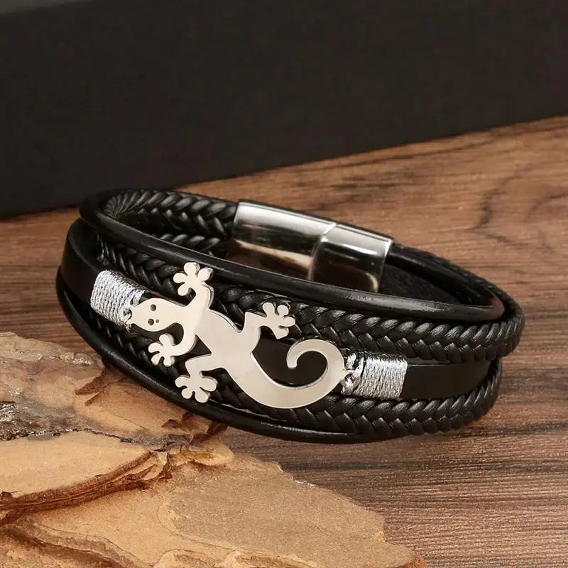 CowLost | jiayiqi-trendy-leather-cord-men-bracelet-metal-animal-gecko-pattern-bracelet |11
