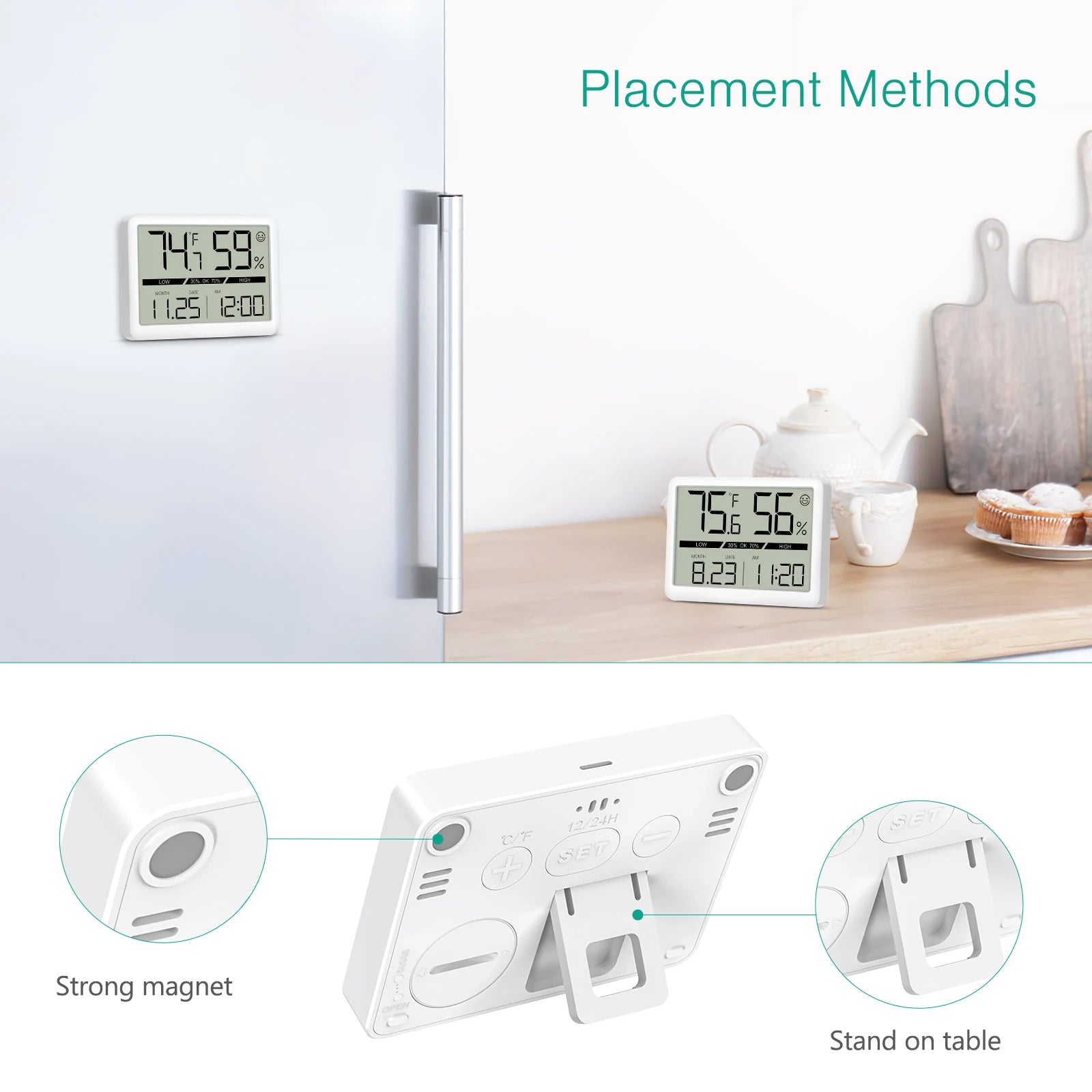 ORIA Indoor Digital Humidity Meter Thermometer with LCD Clock and Large Display