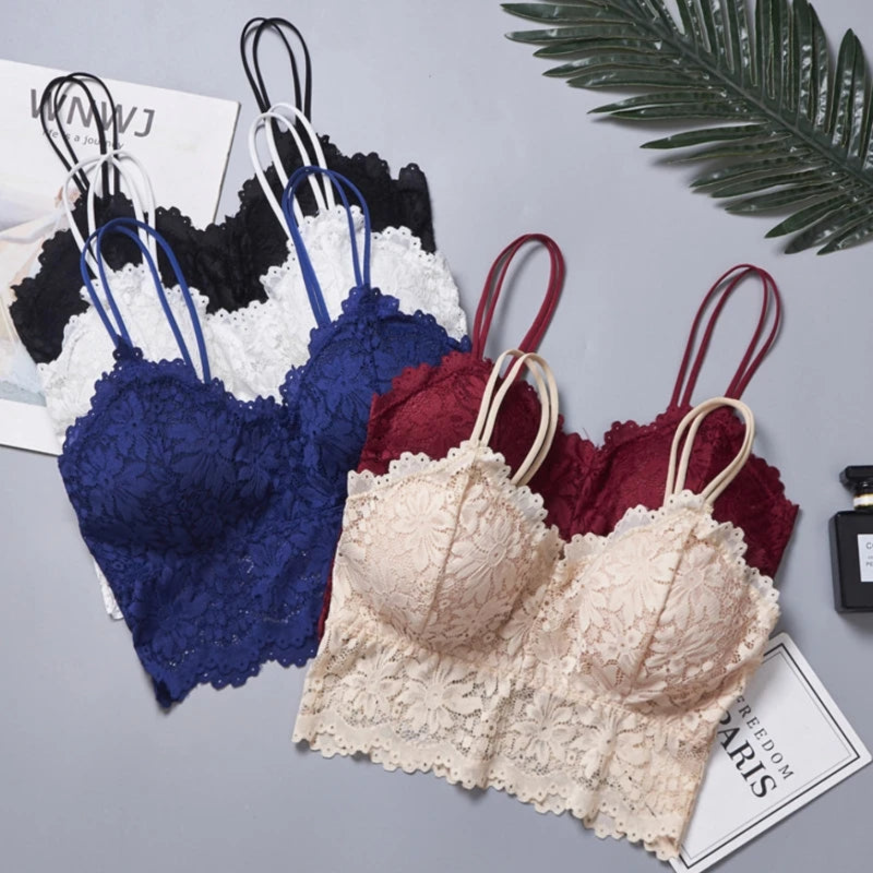 CowLost | product_id-2pcs-women-s-lace-bralette-set-non-wire-crop-top-with-double-straps-removable-pads |1