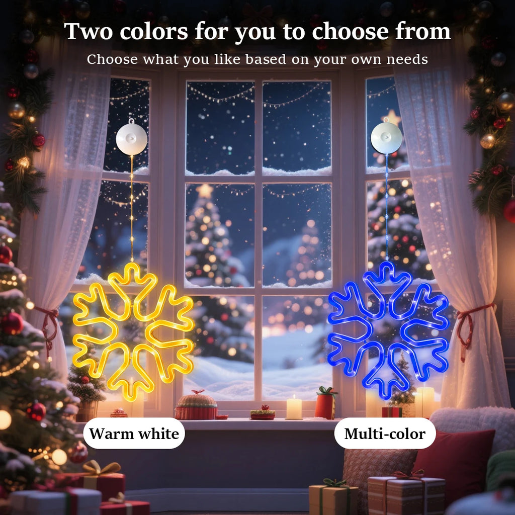 Warm Multi-Color Christmas Snowflake LED Window Lights, 8/12 Modes, Battery Powered Neon Hanging Lamp