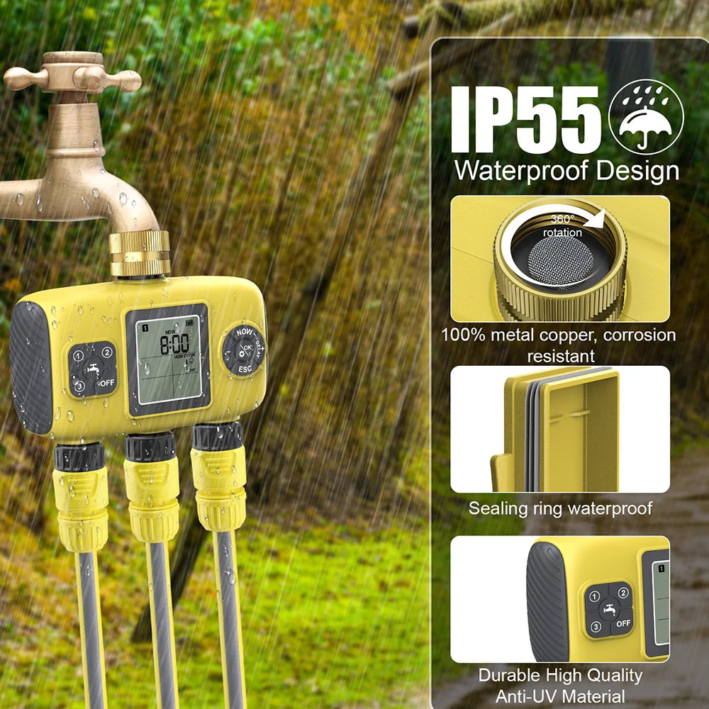 Automatic 1/2/3-Outlet Water Timer with Timing Control for Outdoor Sprinkler