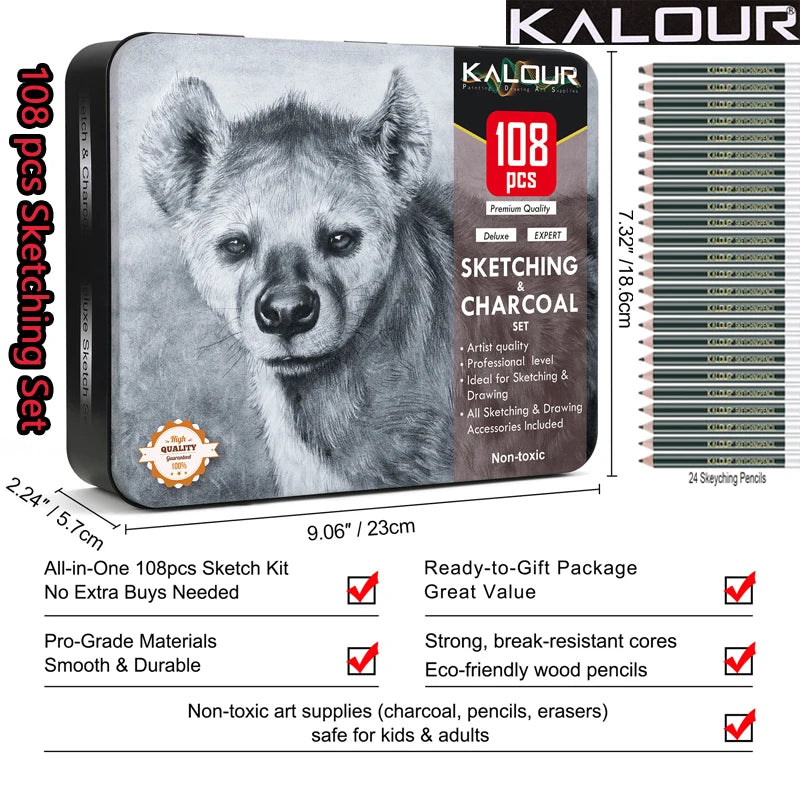 CowLost | product_id-kalour-108pcs-professional-sketching-pencil-set-with-charcoal-sticks-blending-tools-erasers |1