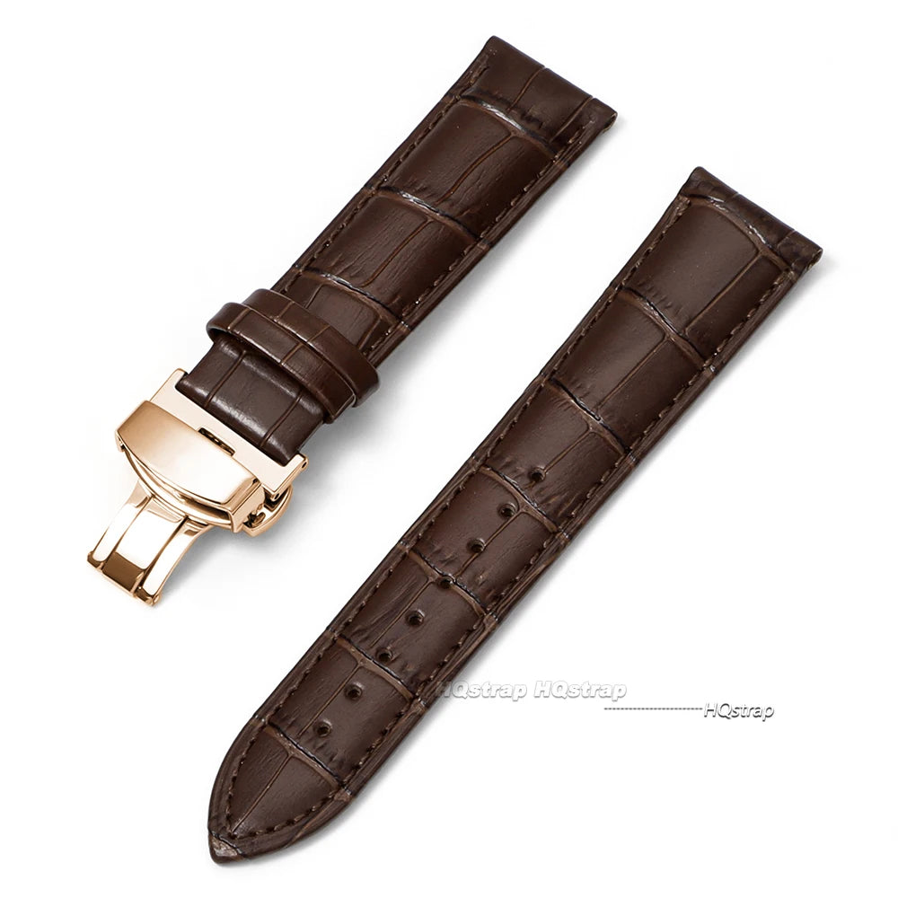 CowLost | product_id-genuine-calfskin-leather-watch-strap-16-24mm-black-with-brown-stitching-butterfly-buckle |12