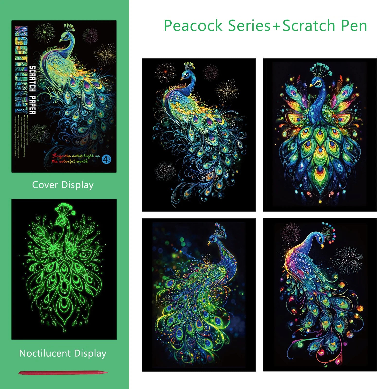 CowLost | product_id-4-piece-a4-diy-noctilucent-scratch-painting-set-sea-world-butterfly-peacock-whale-designs |12