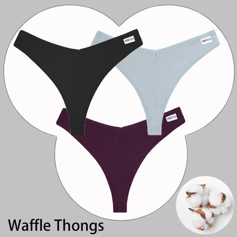CowLost | activewear-pants-3pcs-cotton-waffle-women-s-sexy-thong-panties-set |52