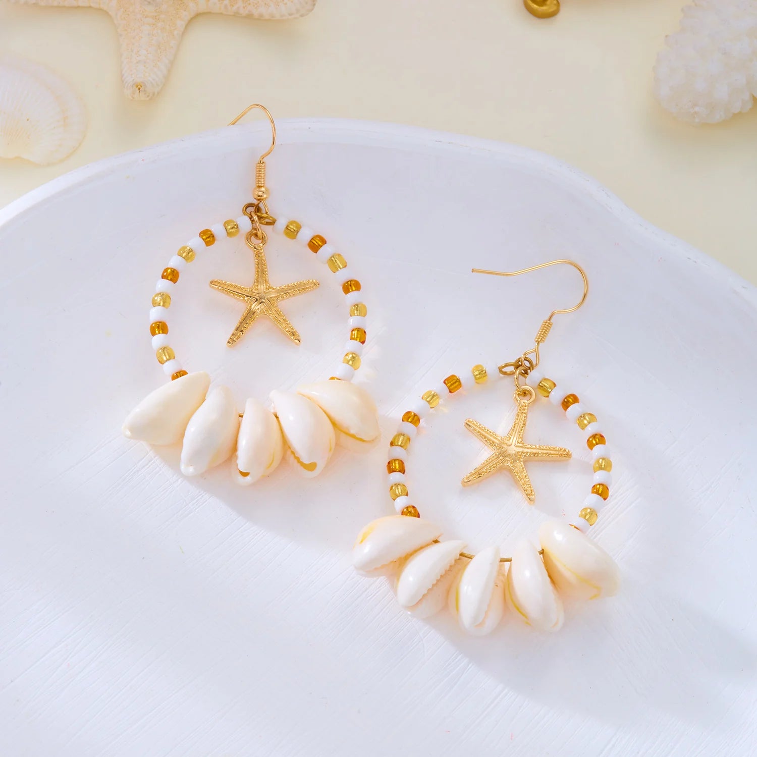 CowLost | boho-sea-shell-earrings-for-women-gold-color-trendy-metal-starfish-round-dangle-earring-girls-beach-party-statement-jewelry-gift |2