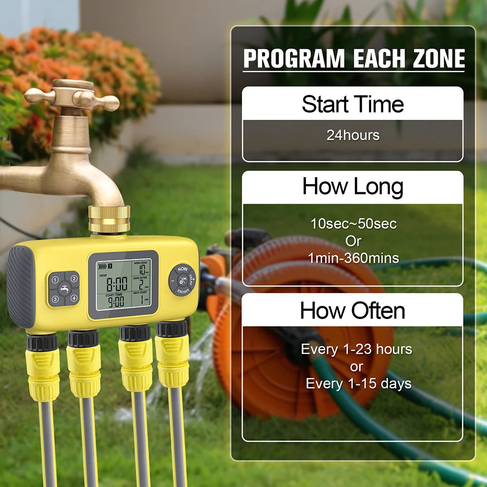 4 Zone Programmable Digital Garden Irrigation Timer for Greenhouse