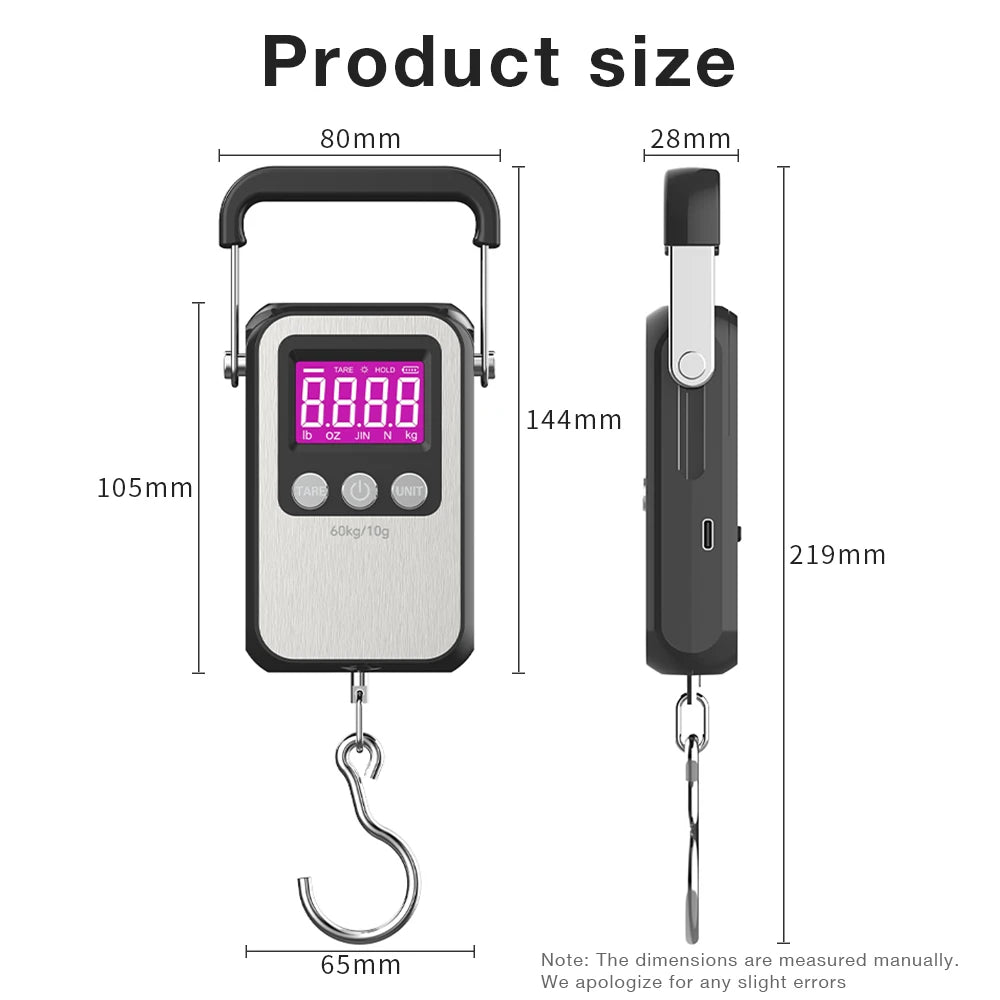 JUANJUAN 60kg/10g Portable Digital Hanging Scale LCD Rechargeable for Luggage & Fishing