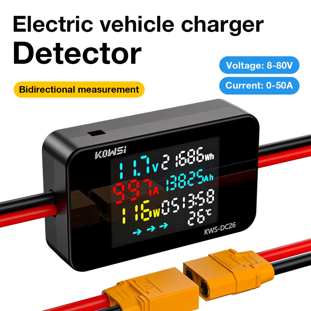 KWS-DC26 Digital Voltmeter Ammeter DC8-80V 0-20/50A Power Energy Meter with Color Screen for EV Battery Charging Detection