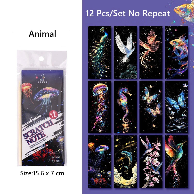 CowLost | 12-pcs-set-diy-scratch-painting-animal-bookmarks-colorful-for-kids-portable-creative-doodle-art-toy-handmade-night-scene-art |18