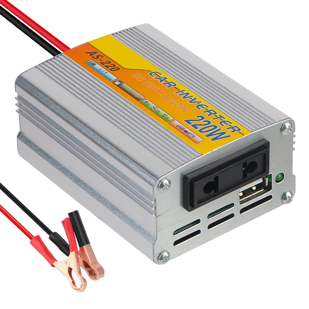 CowLost | product_id-12v-dc-to-220v-ac-220w-usb-power-inverter-with-battery-clips-portable-car-solar-transformer |6