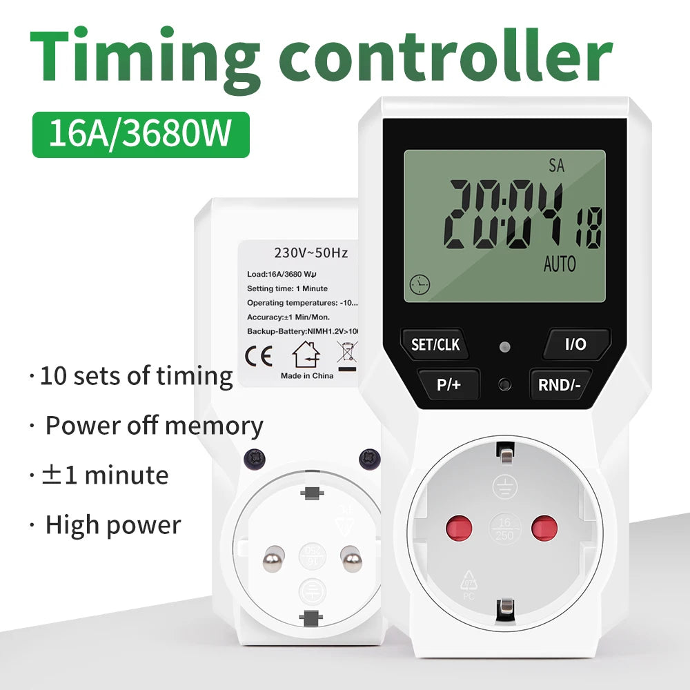 JUANJUAN Digital Programmable Timer Switch EU Plug LCD Display 10-Group Surge Protector 16A 3680W