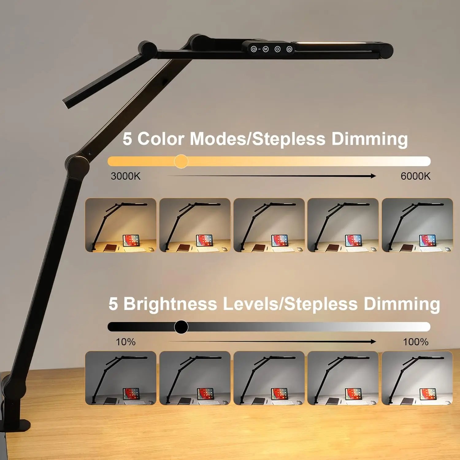 28.2" Large Transformable LED Desk Lamp with Clamp, 24W Auto Dimming Sensor Light for Office