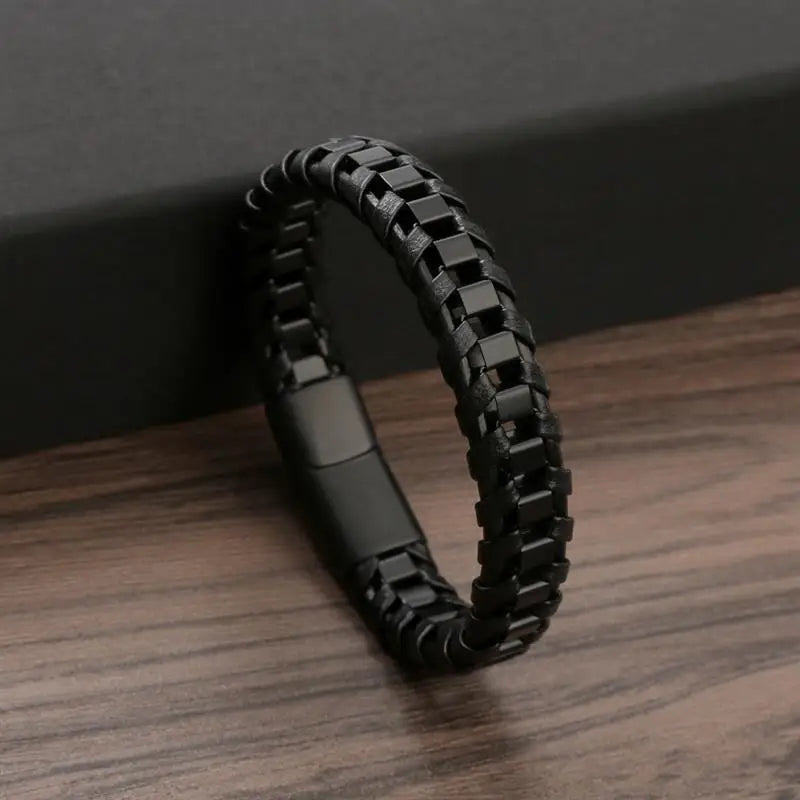 CowLost | badge-pass-holders-mens-classic-hand-woven-stainless-steel-leather-braided-bracelet |9