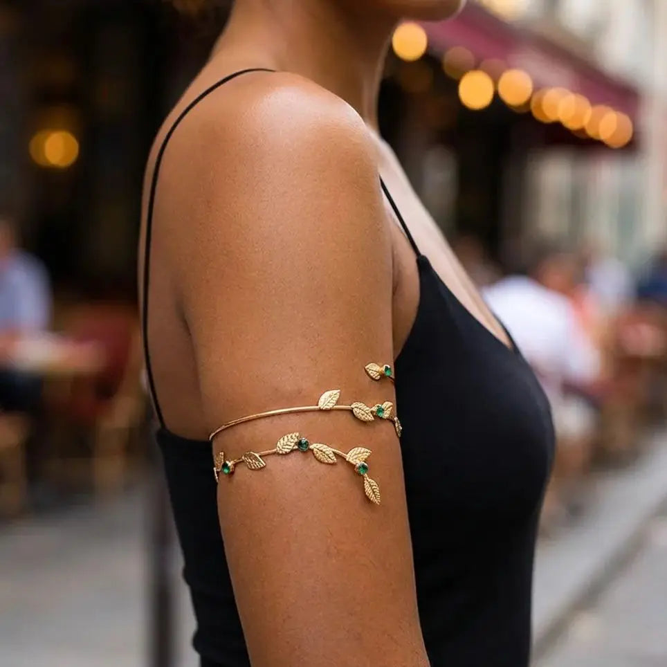 CowLost | boho-gold-color-leaf-upper-arm-cuff-bracelet-for-women-vintage-crystal-green-zircon-adjustable-armlet-bangle-festival-jewelry |2