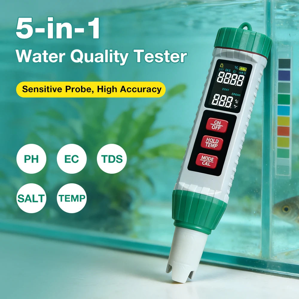 5-in-1 Digital Water Quality Tester PH/EC/TDS/Salt/Temp Meter Portable Test Pen for Pool Aquarium