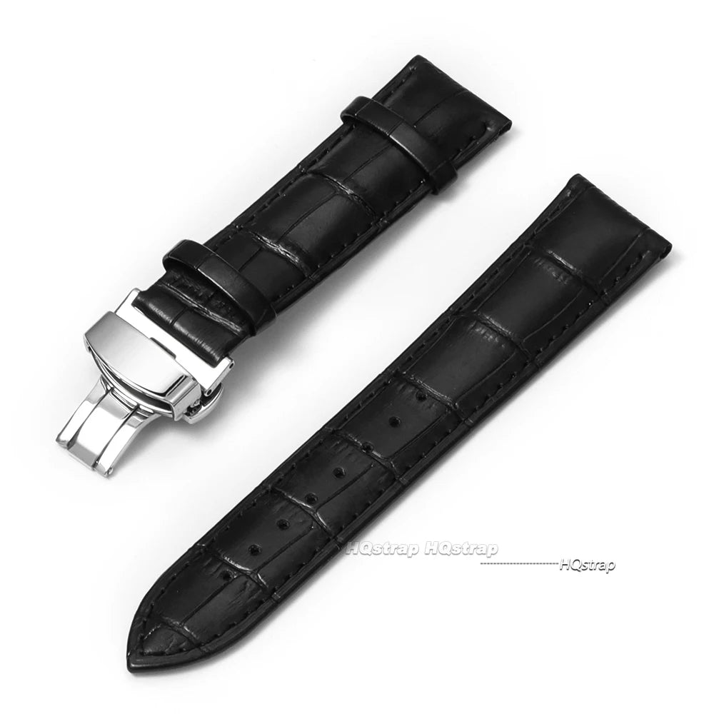 CowLost | product_id-genuine-calfskin-leather-watch-strap-16-24mm-black-with-brown-stitching-butterfly-buckle |20