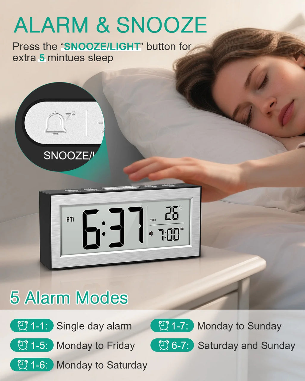 ORIA Digital LCD Alarm Clock Battery Powered with Date for Home Office Travel