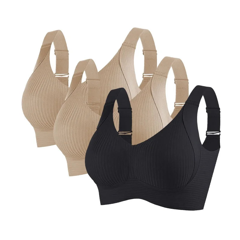 CowLost | product_id-3pcs-womens-plus-size-seamless-v-neck-push-up-wire-free-ribbed-bralette-m-4xl |9