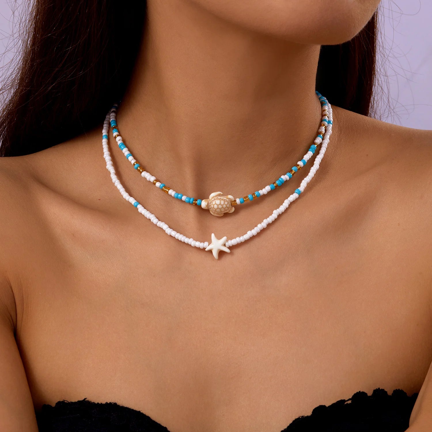 CowLost | bohemian-double-beaded-starfish-turtle-pendant-necklace-for-women-colorful-seed-bead-clavicle-chain-choker-beach-party-jewelry |4