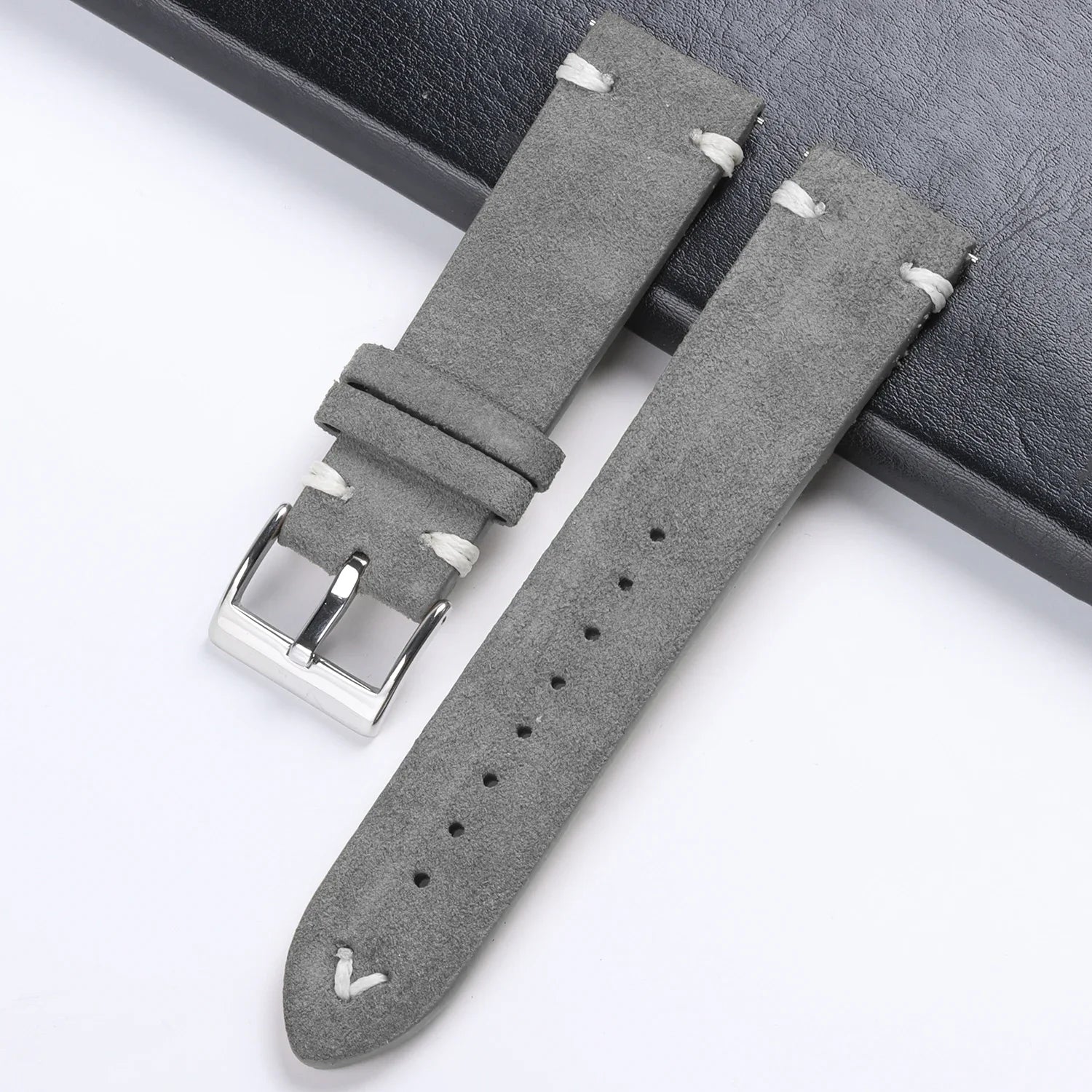 CowLost | product_id-hqstrap-grey-vintage-suede-leather-watch-strap-18-22mm-handmade-stitching-universal-replacement |21