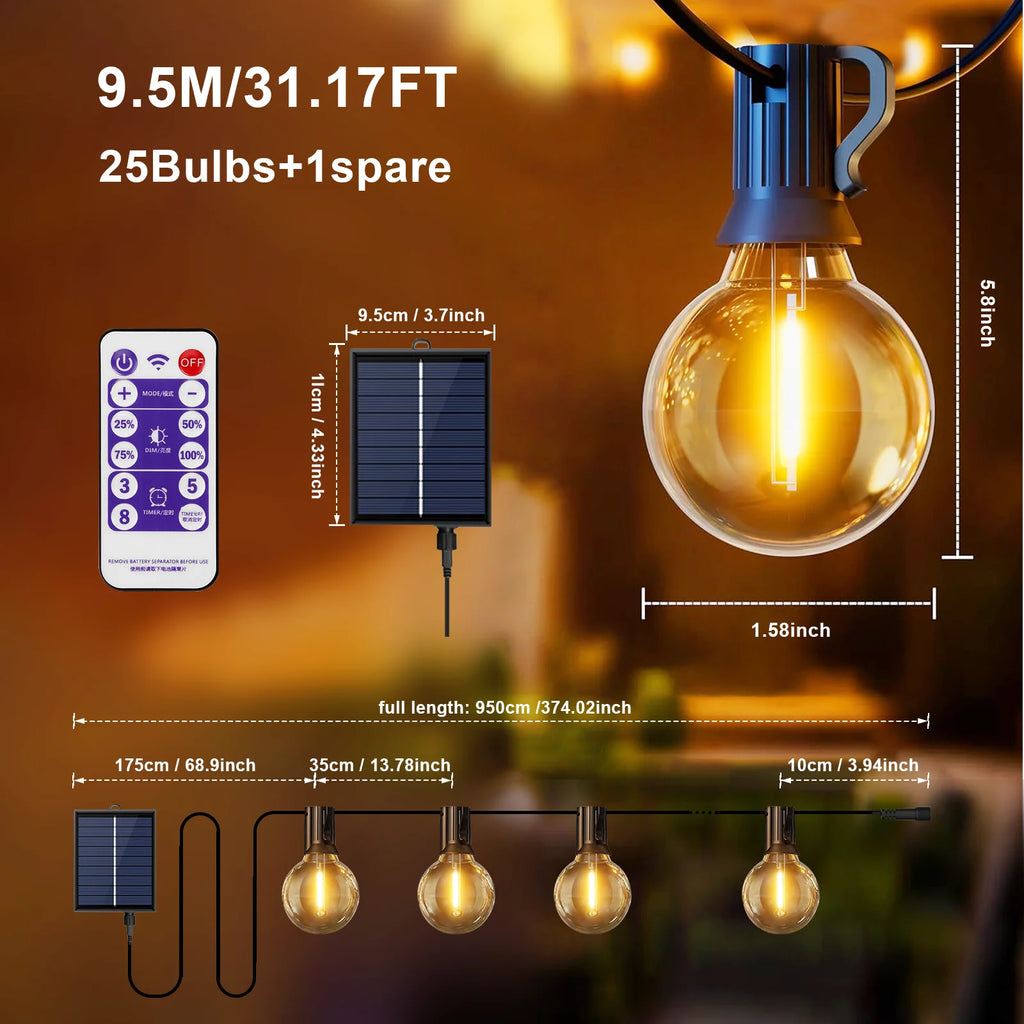 G40 LED Solar String Lights with Remote, 8 Modes, USB Charge, Waterproof for Outdoor Balcony Wedding