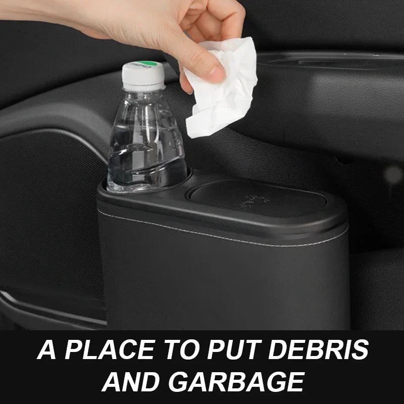 CowLost | can-organizers-product_id-car-rear-row-hanging-trash-can-with-abs-pressing-lid-and-drink-holder-universal-organizer |4
