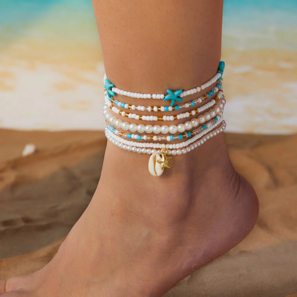 CowLost | bohemia-multilayer-rice-beads-anklet-set-for-women-starfish-conch-shell-turtle-pendant-anklets |4