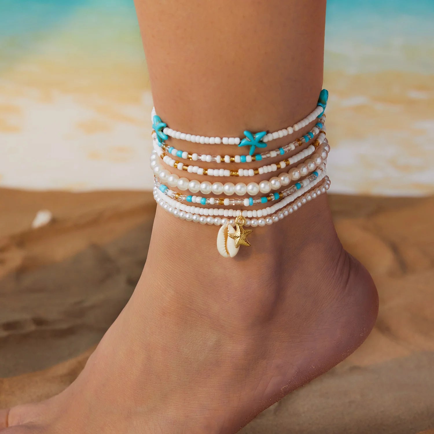 CowLost | bohemia-multilayer-rice-beads-anklet-set-for-women-starfish-conch-shell-turtle-pendant-anklets |4
