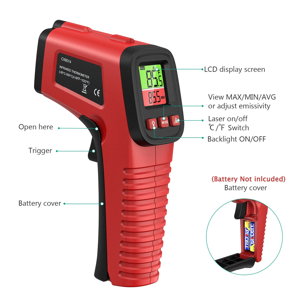 ORIA Infrared Non-Contact Thermometer Gun with Backlit Display and C/F Switch for Industrial and Cooking Use