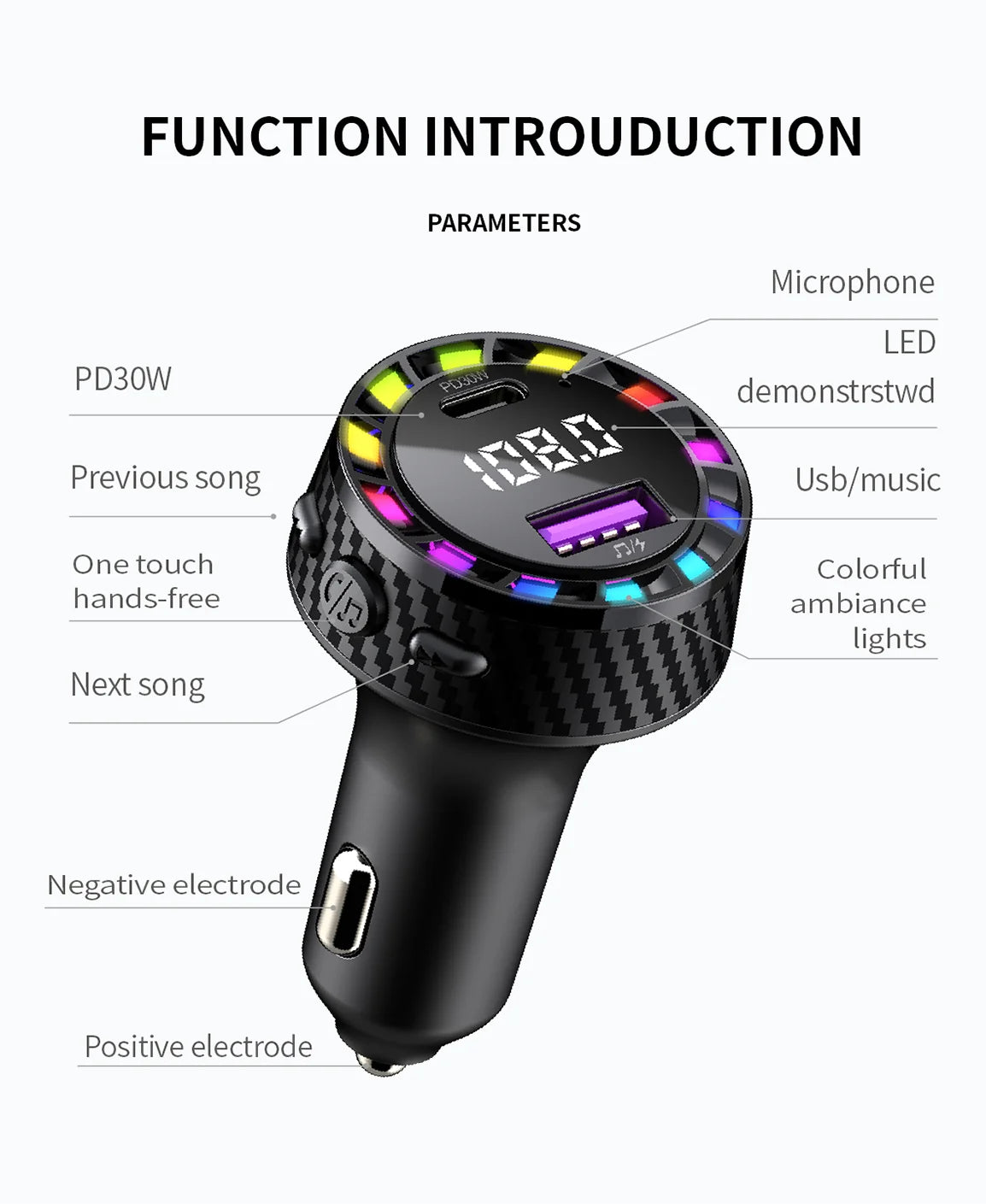 CowLost | usb-c-car-phone-charger-dual-pd-30w-2in1-with-voltage-display-bluetooth-5-3-super-fast-charge-adapter-for-iphone-samsung |6
