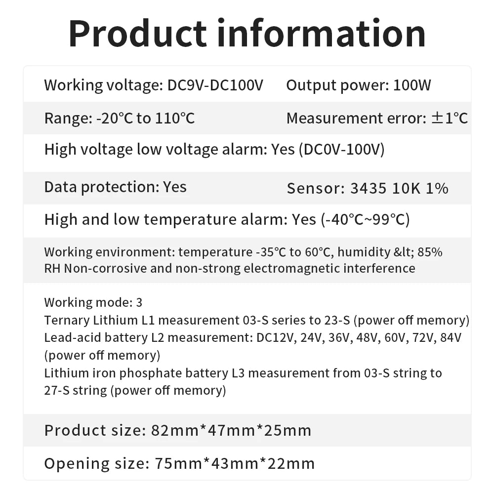 JUANJUAN DC 10V-100V Digital Battery Capacity Indicator LCD Voltage Tester with Temperature Control