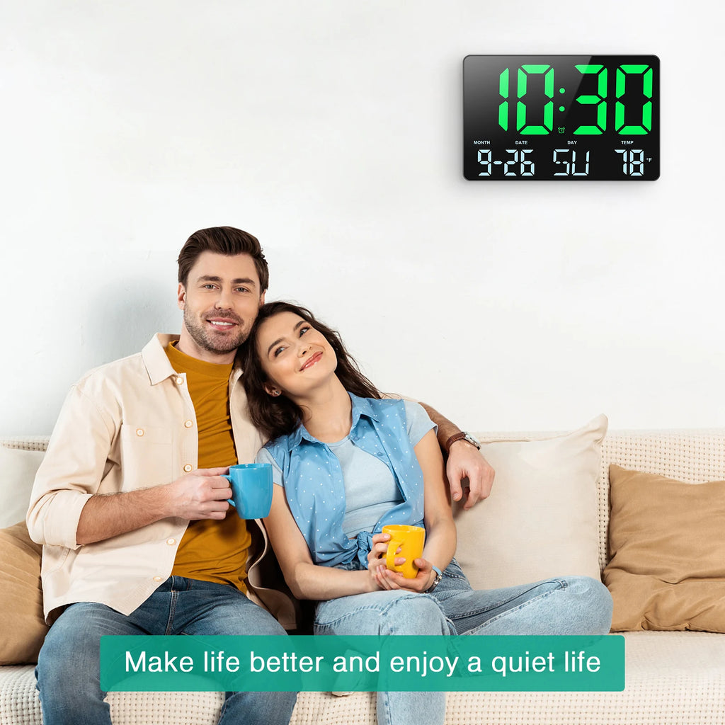 ORIA 11.5" Large USB Powered Digital LED Wall Clock with Calendar, 12/24H Time, Alarm, and Temp Display