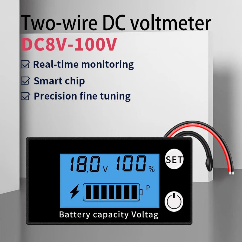 8V-100V Dual Line DC Voltmeter Battery Capacity Indicator with Temperature Alarm for Lead Acid Lithium LiFePO4