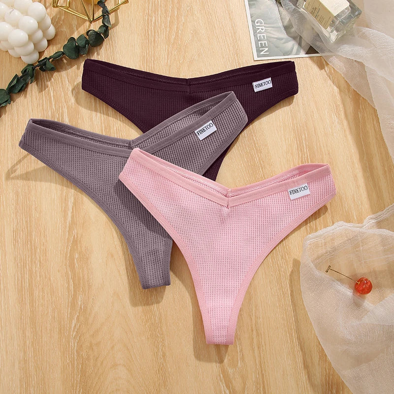 CowLost | activewear-pants-3pcs-cotton-waffle-women-s-sexy-thong-panties-set |13