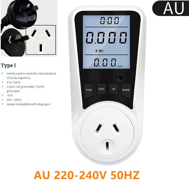 Digital AC Power Wattmeter 110V-220V Energy Consumption Meter with EU, US, UK, AU, BR, FR, IT, TH Plug Options