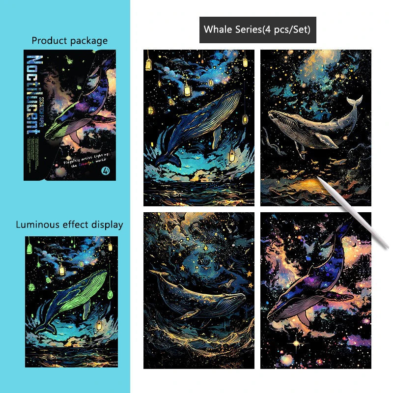CowLost | product_id-4-pcs-a4-diy-luminous-scratch-painting-set-animal-butterfly-whale-landscape-night-view |22
