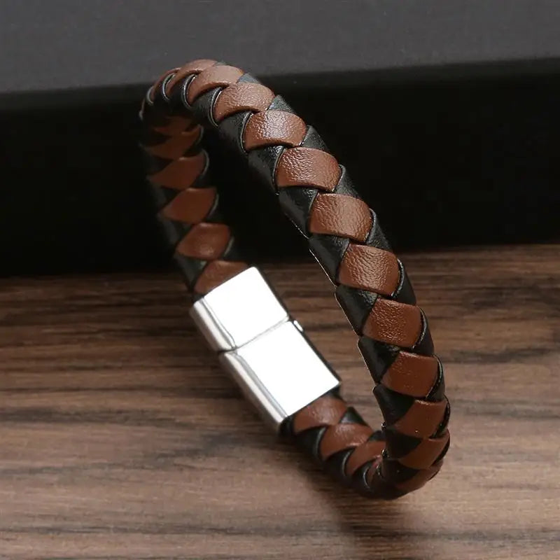 CowLost | badge-pass-holders-classic-mens-braided-leather-bracelet-with-magnetic-clasp |27