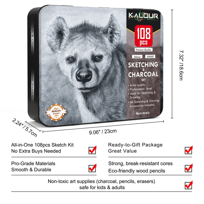 CowLost | product_id-kalour-108pcs-professional-sketching-pencil-set-with-charcoal-sticks-blending-tools-erasers |7