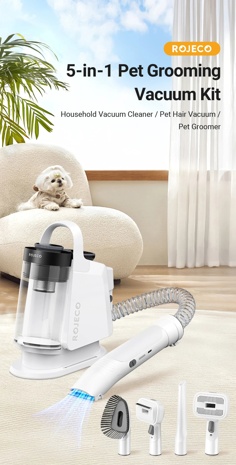 CowLost | pet-beds-rojeco-5-in-1-pet-grooming-vacuum-kit-for-cat-dog-hair |7