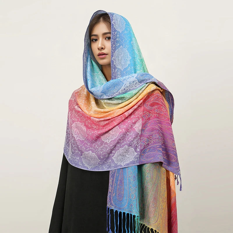 CowLost | rainbow-colors-winter-warm-thick-ethnic-style-jacquard-scarf |10