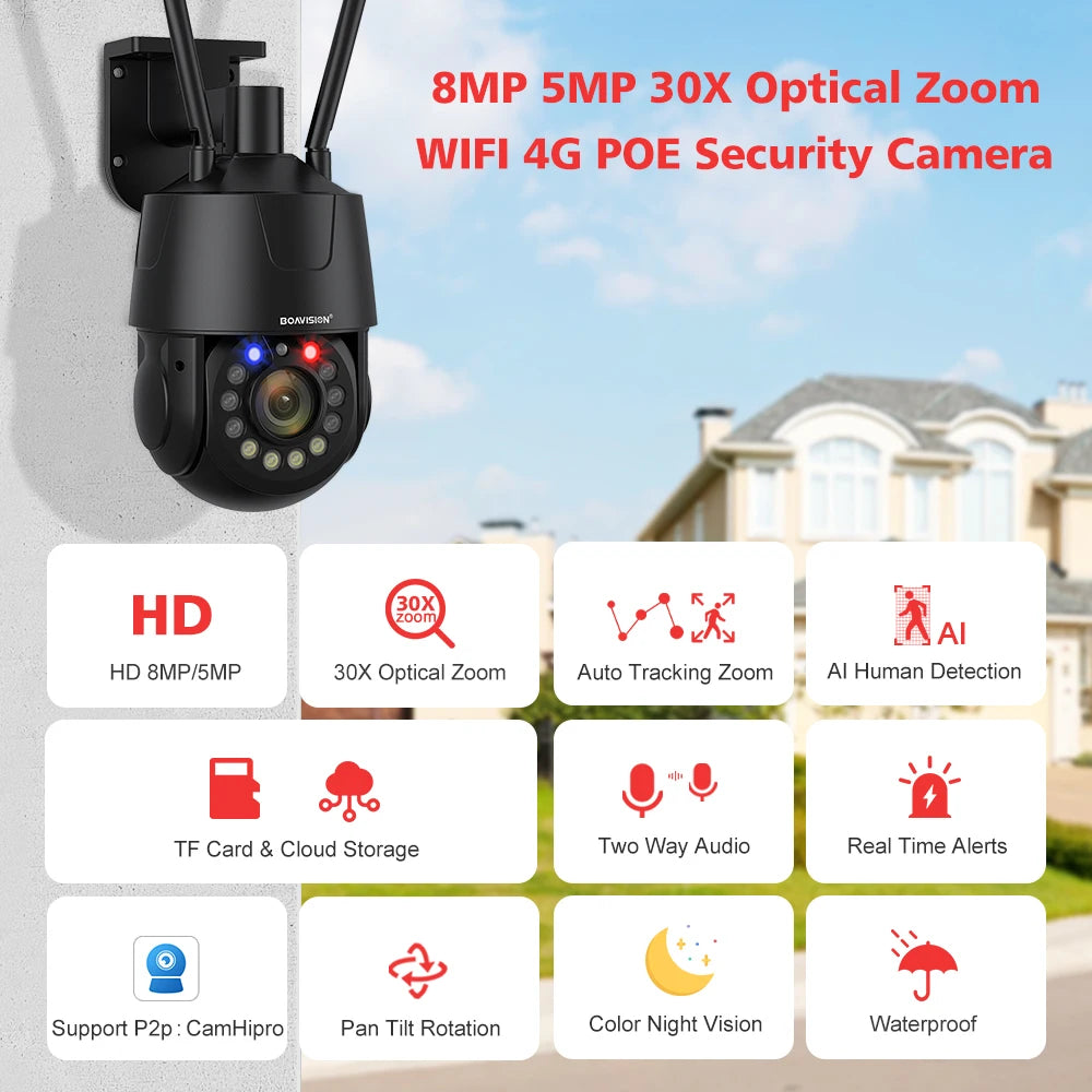 CowLost | outdoor-surveillance-camera-wifi-4g-poe-8mp-5mp-30x-optical-zoom-ai-auto-tracking-150m-ir-distance-metal-ptz-security-camera |7