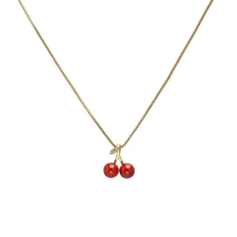 Wine Red Cherry Pendant Necklace for Women with Golden Chain Party Jewelry Gift
