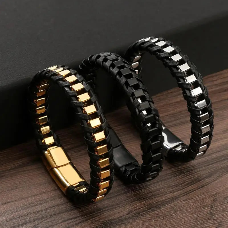 CowLost | jiayiqi-punk-men-jewelry-black-braided-leather-bracelet-stainless-steel-magnetic-clasp |26
